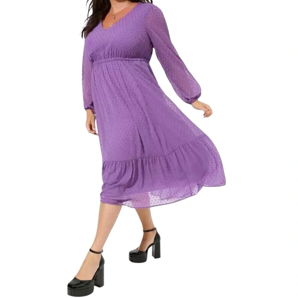 Torrid Purple Tea Length Clip Dot Open Back A-Line Dress Size 1 - Picture 3 of 17